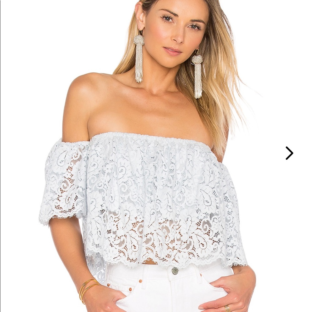 lovers and friends OTS pale blue crop top.